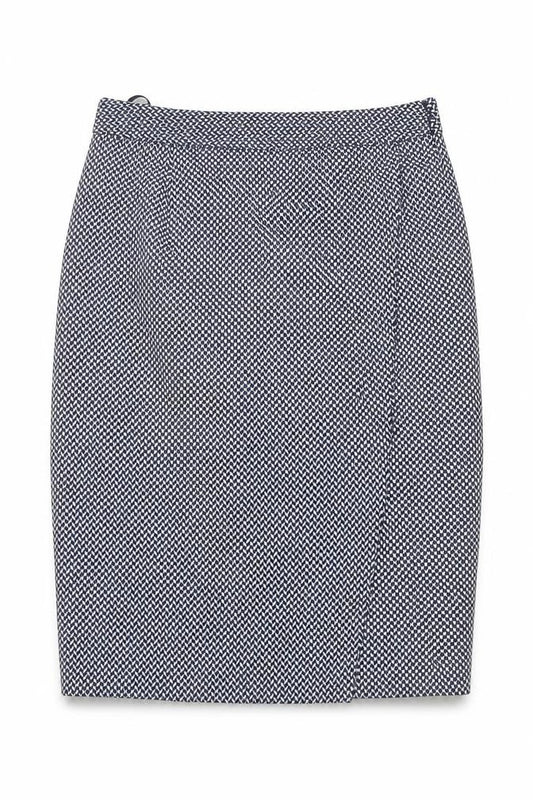 Front view of Next women’s blue geometric polyester a-line skirt, size UK 14, zip
