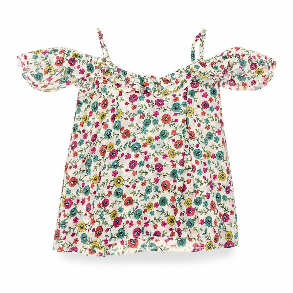 Front view of Topshop women’s multicoloured floral polyester basic blouse, size UK 10, v-neck - cold shoulder
