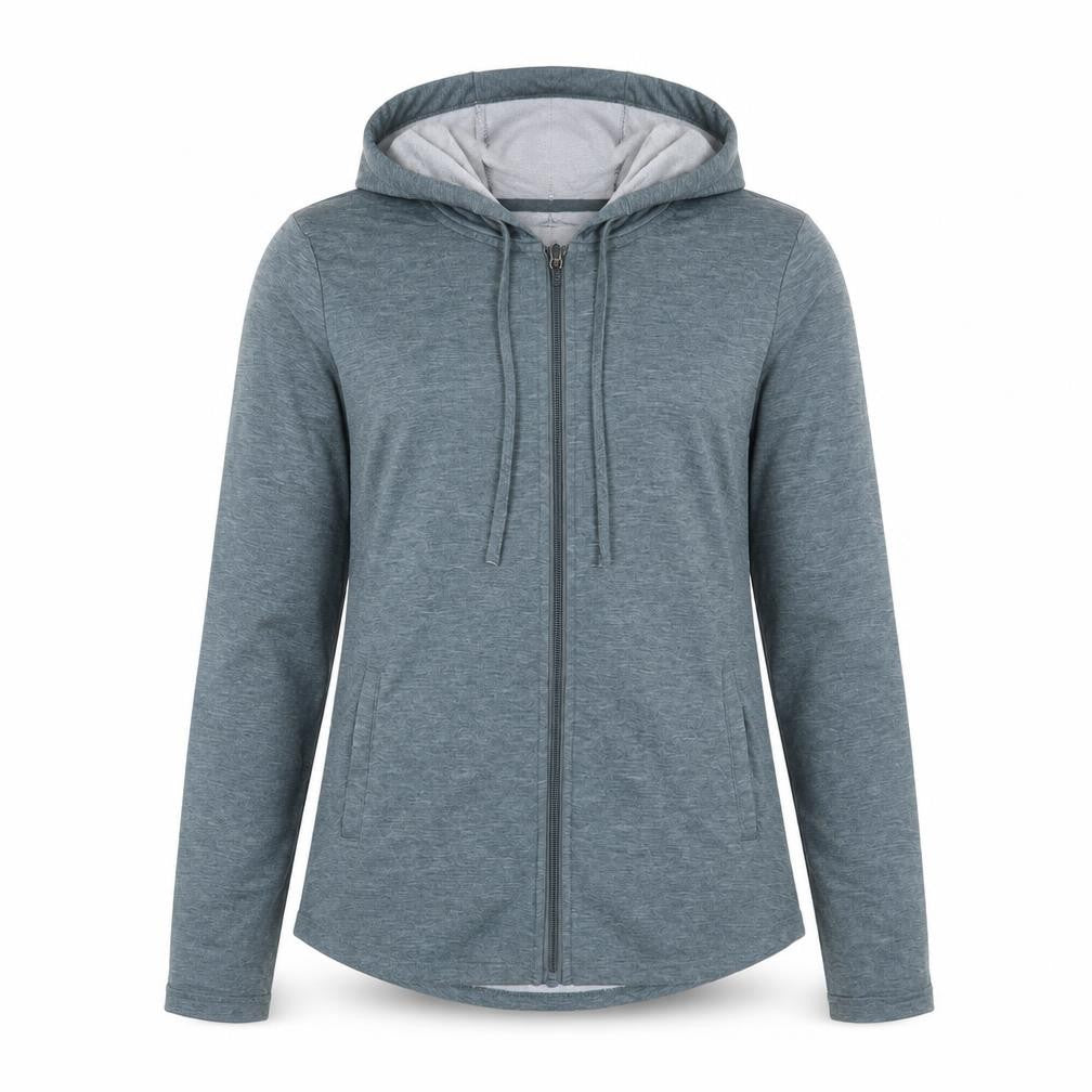 Front view of 32 Degrees women’s blue polyester full zip hoodie, size S, zip