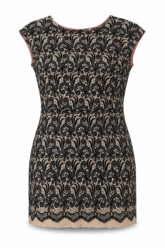 Front view of Next women’s black nylon mini, size UK 12, boat neck pullover - lace overlay
