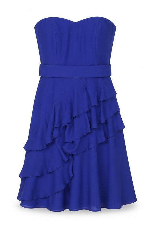 Front view of Coast women’s blue polyester fit & flare, size UK 10, sweetheart zip