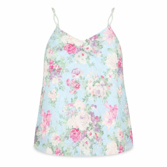 Front view of Quiz women’s multicoloured floral polyester basic tank, size UK 6, v-neck