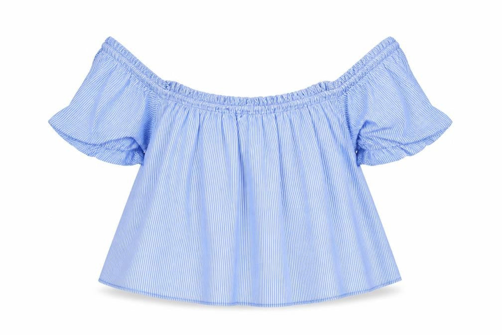 Front view of New Look women’s blue striped cotton basic blouse, size UK 12, round neck