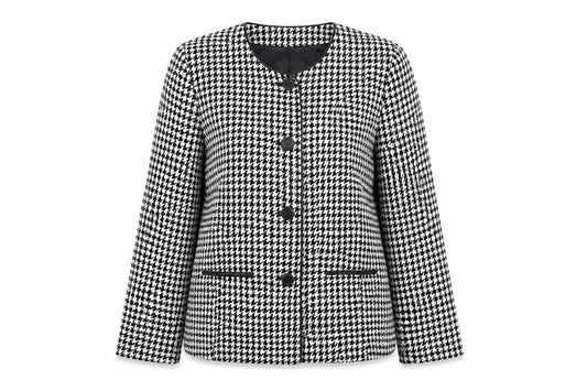 Front view of CMD women’s black geometric jacket blazer, size UK 12, button