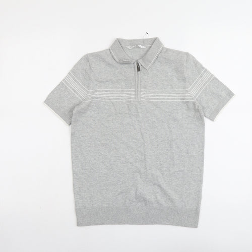 Marks and Spencer Boys Grey Striped Cotton Pullover Polo Size 12-13 Years Collared Zip