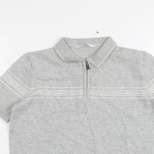 Marks and Spencer Boys Grey Striped Cotton Pullover Polo Size 12-13 Years Collared Zip
