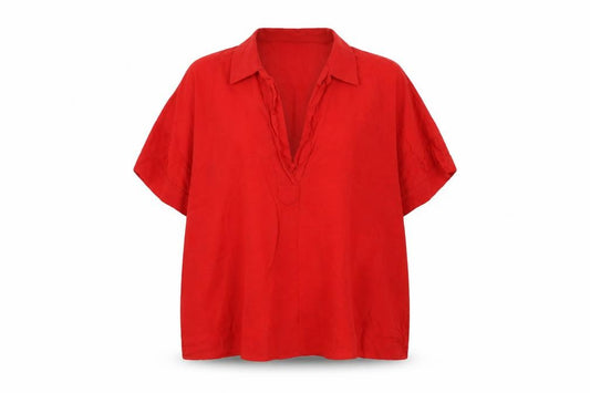 Front view of Zara women’s red viscose basic blouse, size M, collared