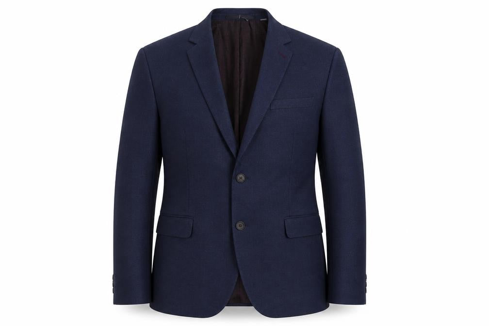 Front view of Burton men’s blue polyester jacket suit jacket, size 44, regular