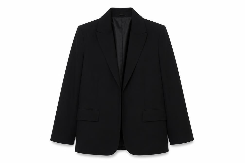 Front view of Marks & Spencer women’s black polyester jacket blazer, size UK 12, - open