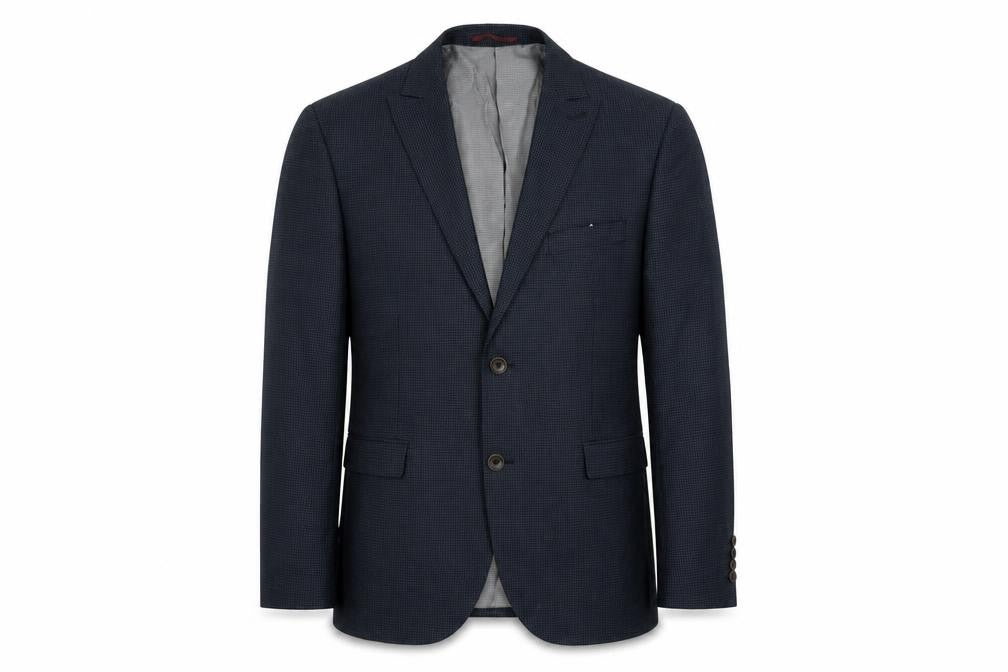 Front view of Next men’s blue geometric polyester jacket suit jacket, size S, regular