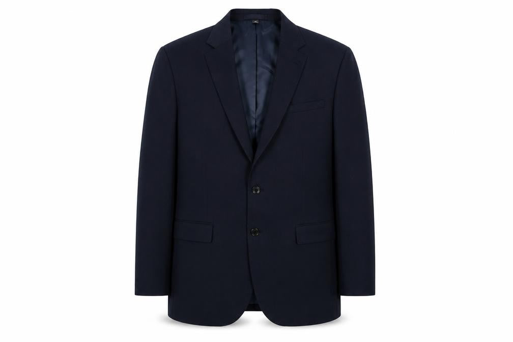 Front view of Marks & Spencer men’s blue polyester jacket suit jacket, size L, regular
