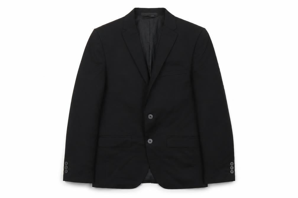 Front view of Marks & Spencer men’s black polyester jacket suit jacket, size L, regular