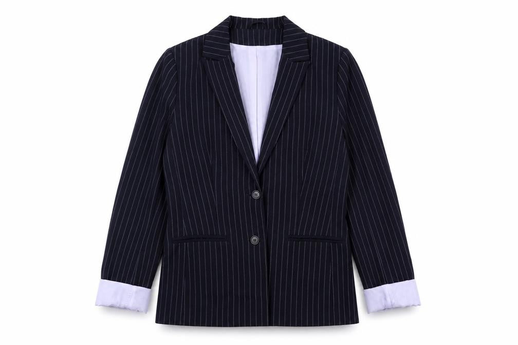 Front view of Dorothy Perkins women’s black striped polyester jacket suit jacket, size UK 10