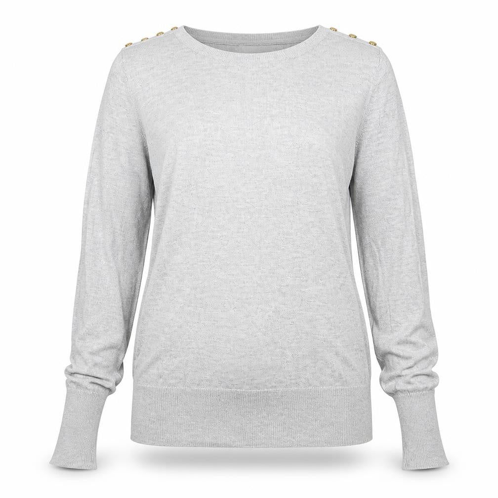 Front view of H&M women’s grey round neck viscose jumper, size M