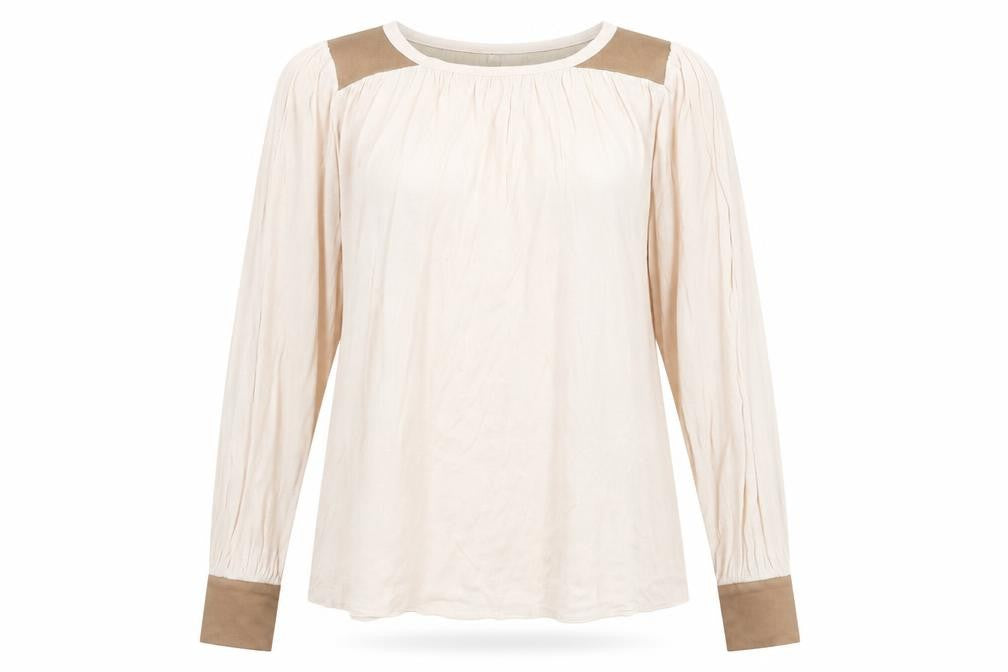 Front view of Warehouse women’s beige round neck viscose jumper, size UK 12