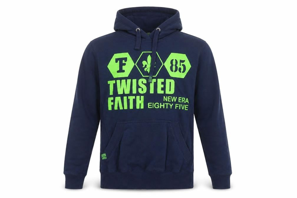 Front view of Twisted Faith men’s blue cotton pullover hoodie, size S