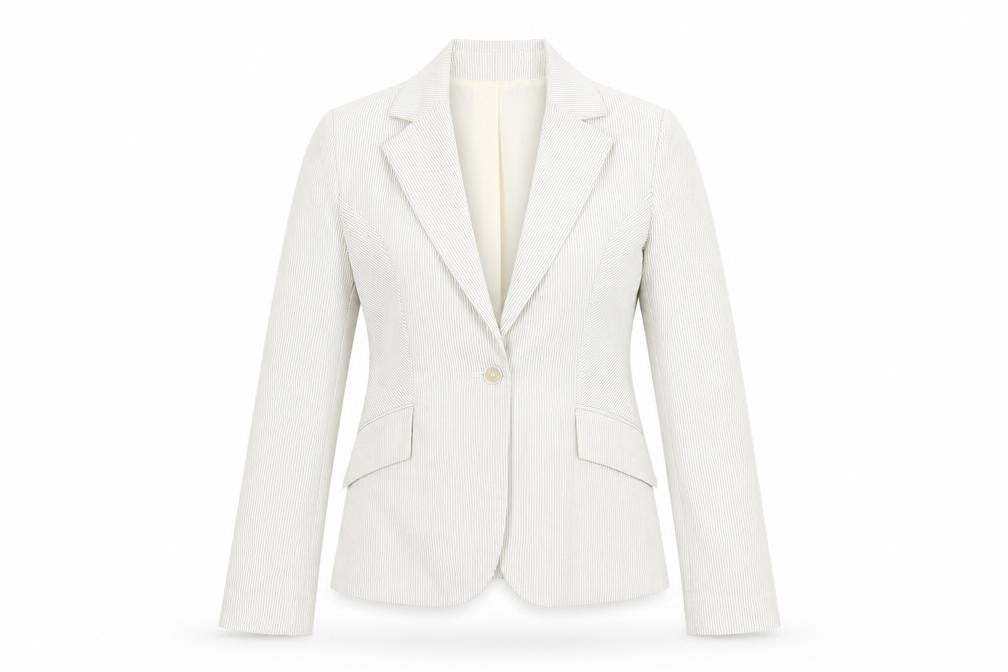 Front view of H&M women’s ivory striped cotton jacket blazer, size UK 10
