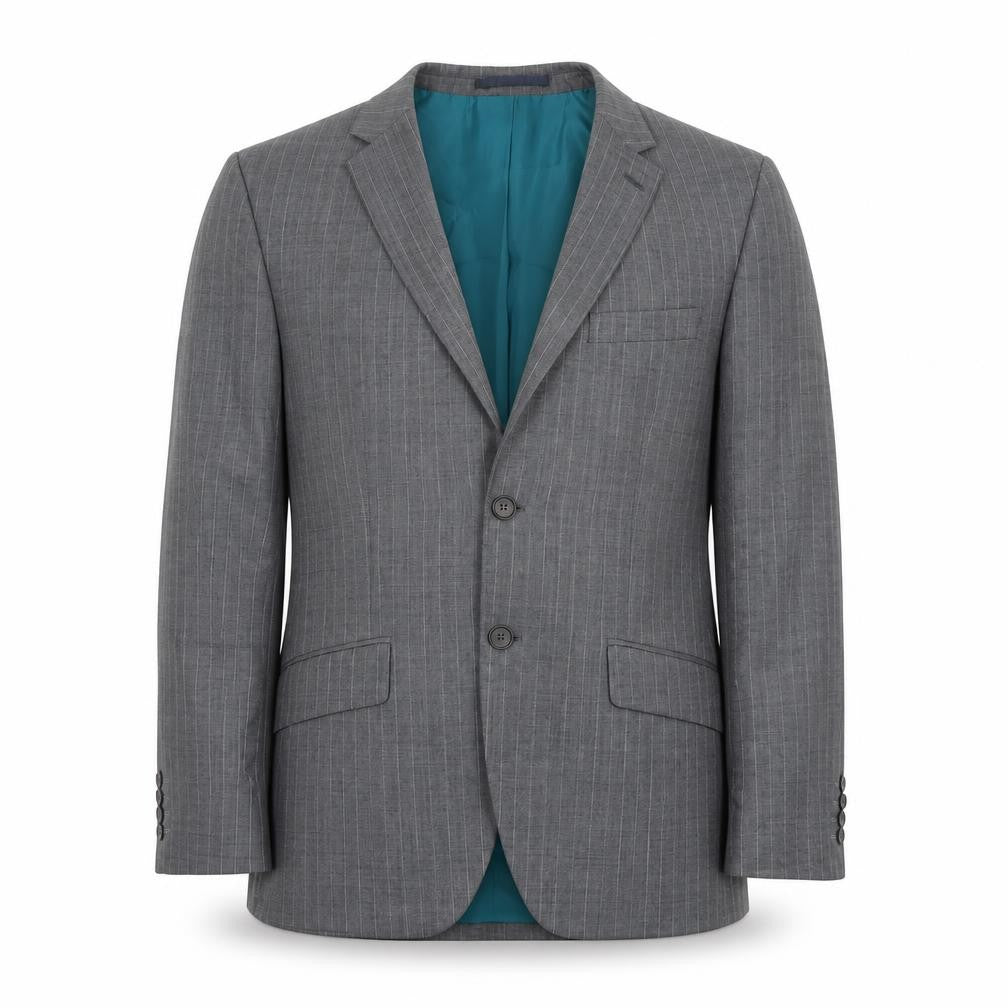 Front view of Marks & Spencer men’s grey striped polyester jacket suit jacket, size 38, regular