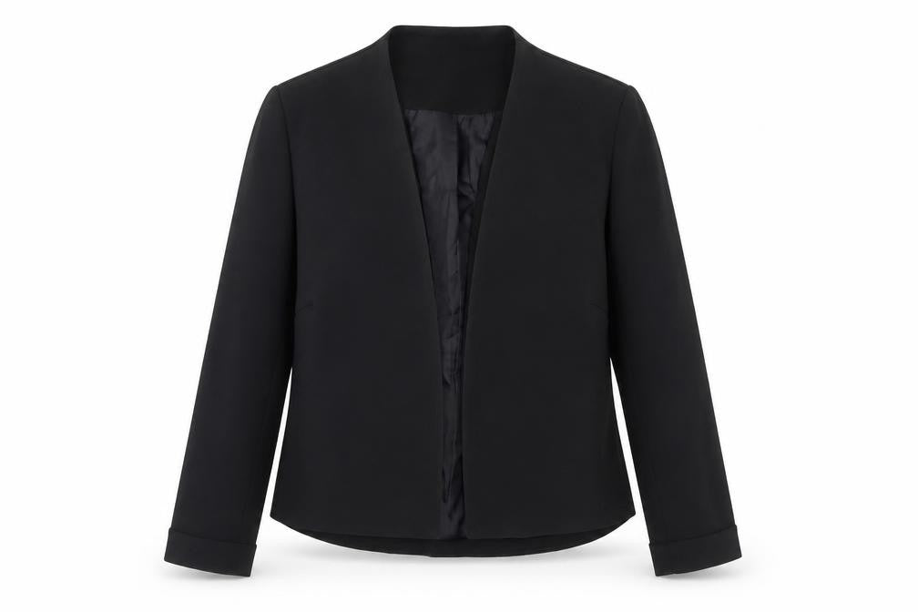 Front view of Vero Moda women’s black polyester jacket blazer, size UK 14, - open