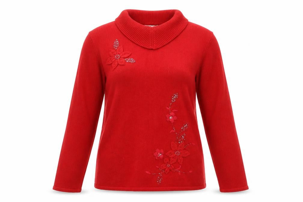 Front view of Dixie women’s red roll neck acrylic jumper, size S, -, size S/m