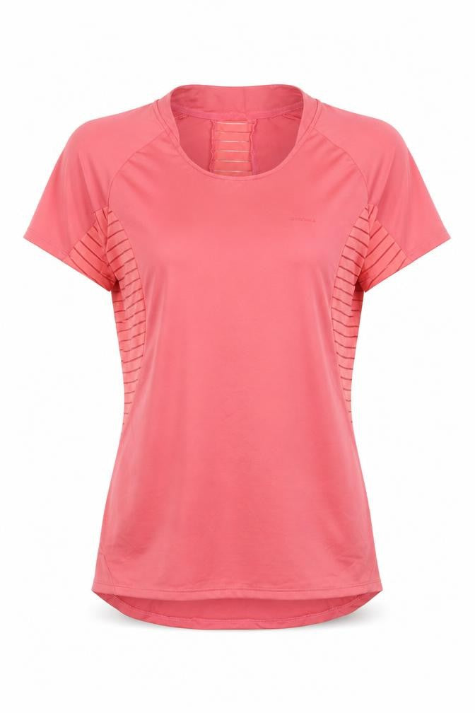 Front view of Decathlon women’s pink polyester pullover t-shirt, size S, round neck pullover