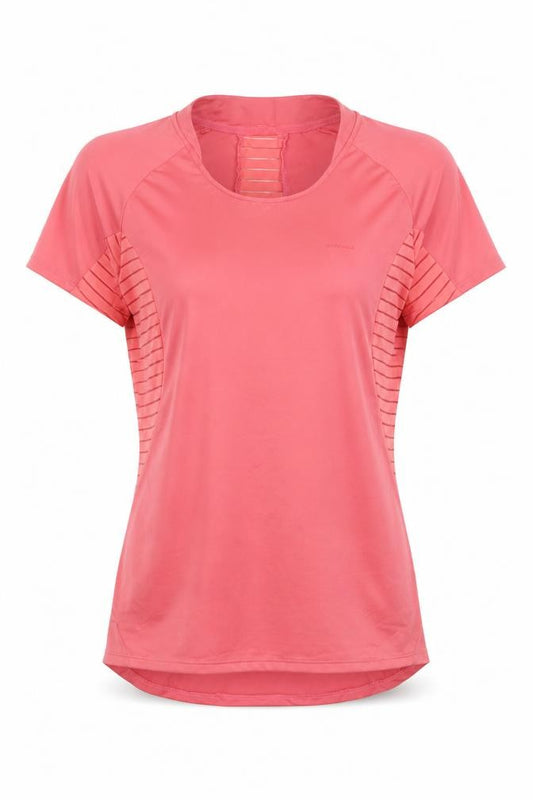 Front view of Decathlon women’s pink polyester pullover t-shirt, size S, round neck pullover