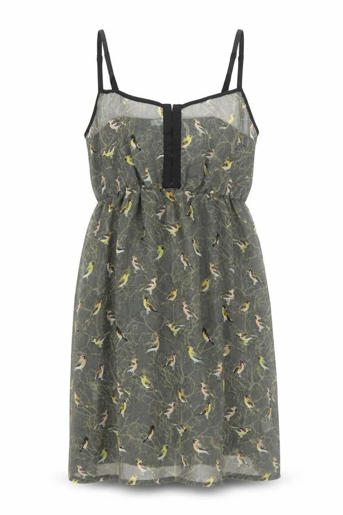 Kimchi Blue Womens Green Geometric Polyester Slip Dress Size XS Square Neck Hook & Eye - Bird Pattern