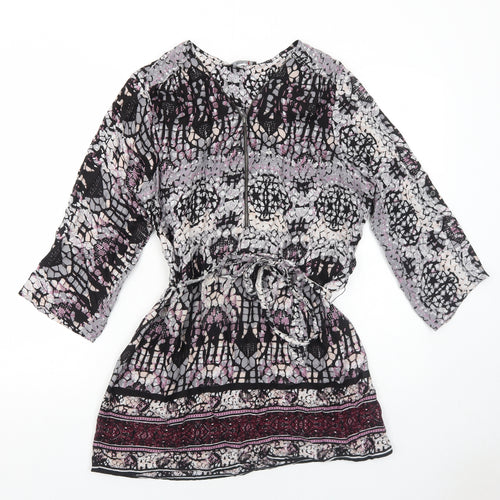 Klass Womens Purple Geometric Viscose Basic Blouse Size 12 V-Neck - Belted