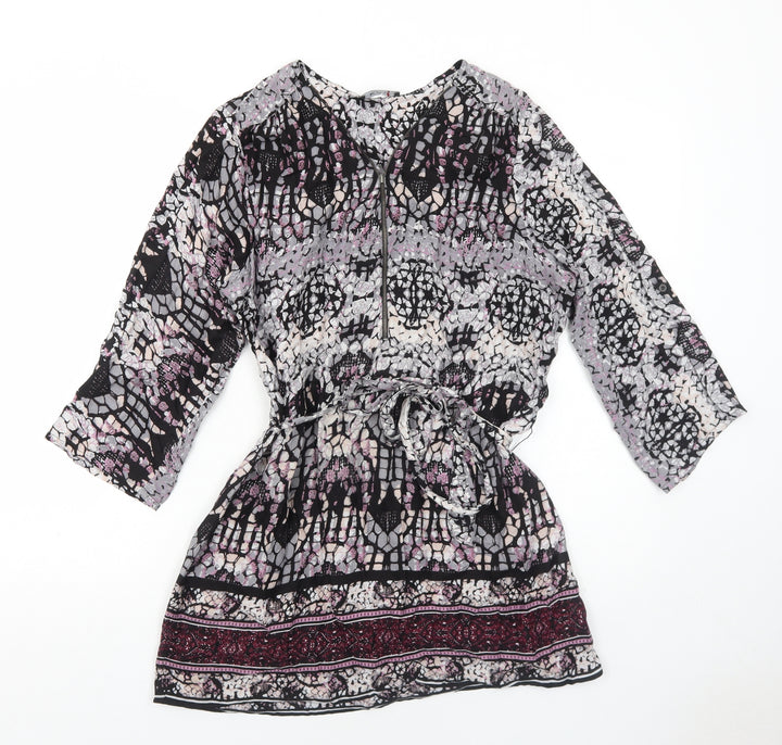 Klass Womens Purple Geometric Viscose Basic Blouse Size 12 V-Neck - Belted