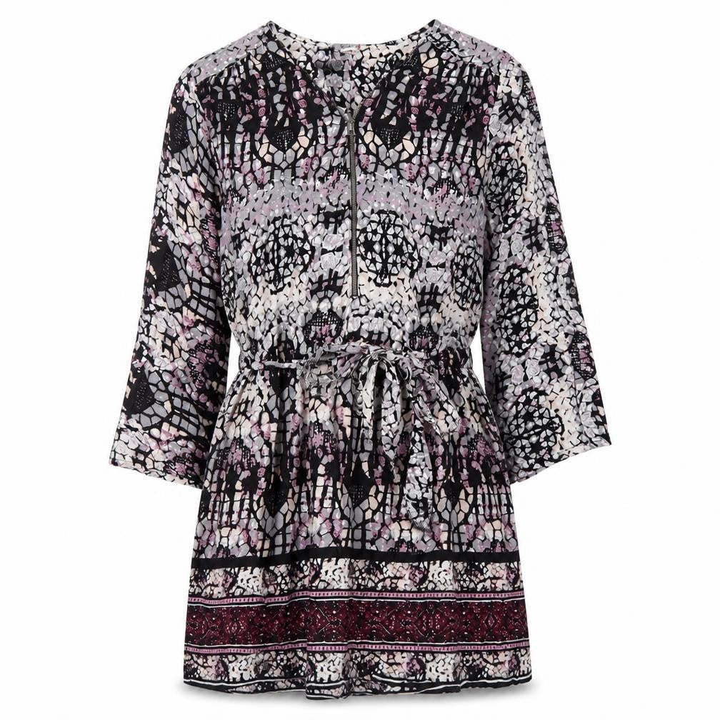 Front view of Klass women’s purple geometric viscose basic blouse, size UK 12, v-neck - belted