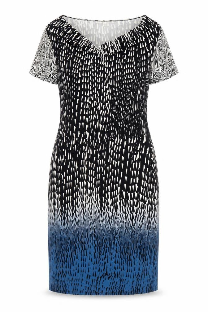 Front view of Uttam Boutique women’s black geometric viscose shift, size UK 14, v-neck pullover