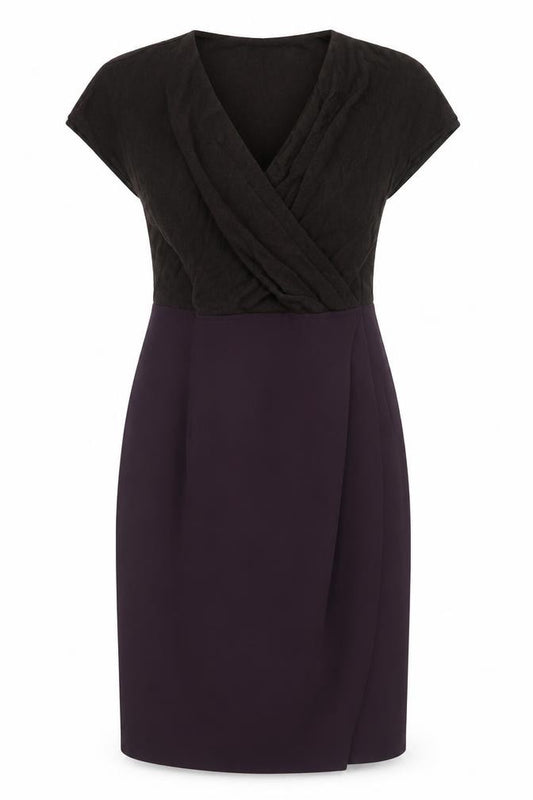 Front view of NIU women’s purple polyester ball gown, size S, v-neck zip - wrap style