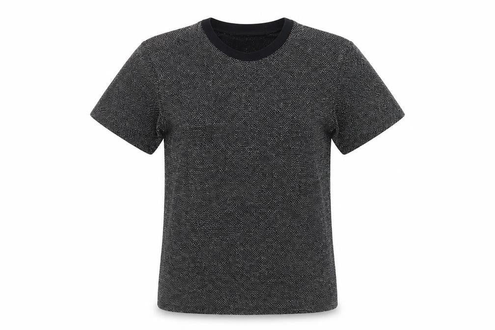 Front view of Reclaimed Vintage women’s black geometric polyester basic t-shirt, size S, round neck