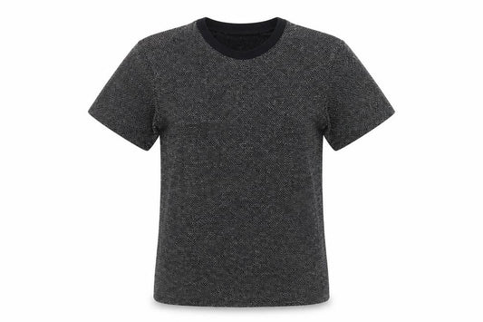 Front view of Reclaimed Vintage women’s black geometric polyester basic t-shirt, size S, round neck