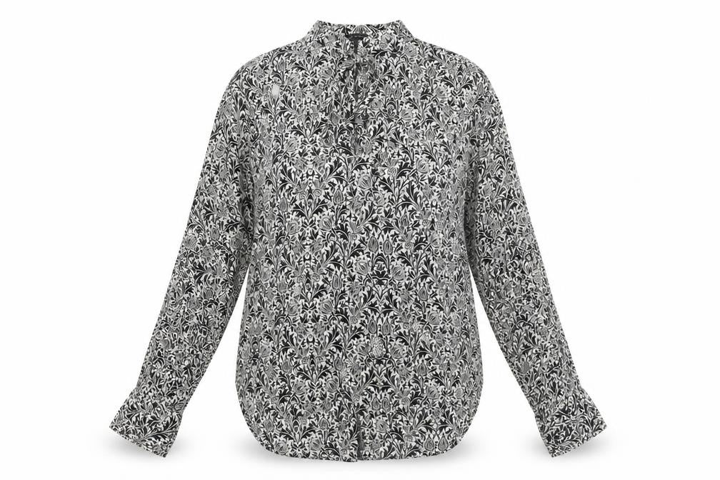 Front view of Zara women’s black geometric viscose basic blouse, size XS, round neck
