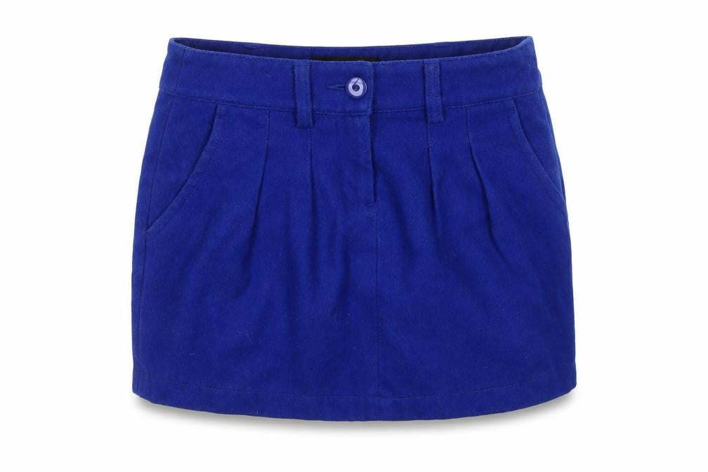 Front view of Young Reserved women’s blue polyester mini skirt, size UK 8, zip