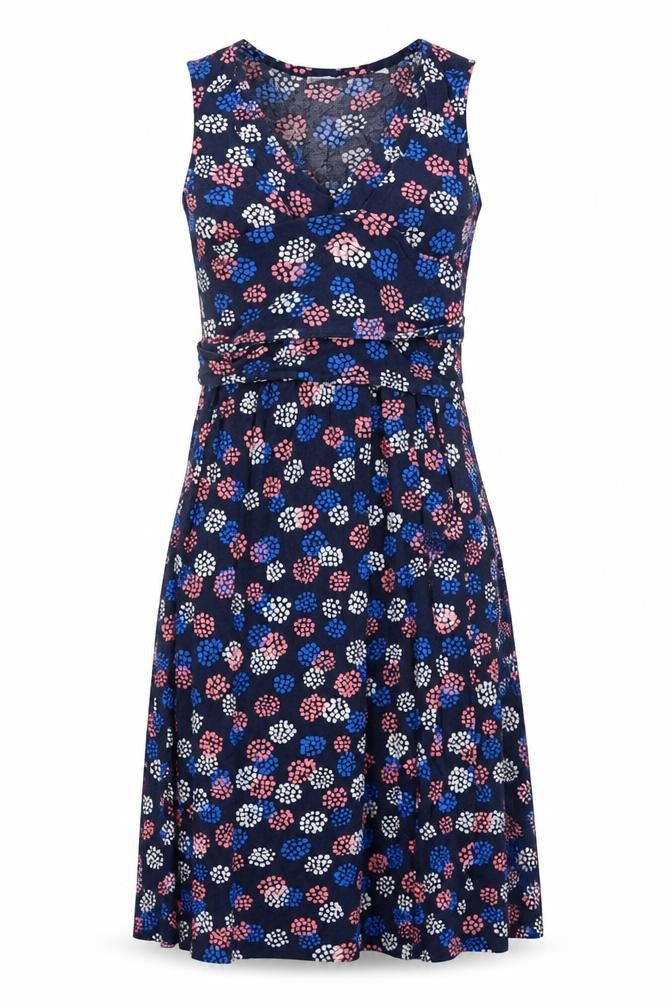 Front view of JoJo Maman Bébé women’s blue geometric viscose trapeze & swing, size S, round neck pullover