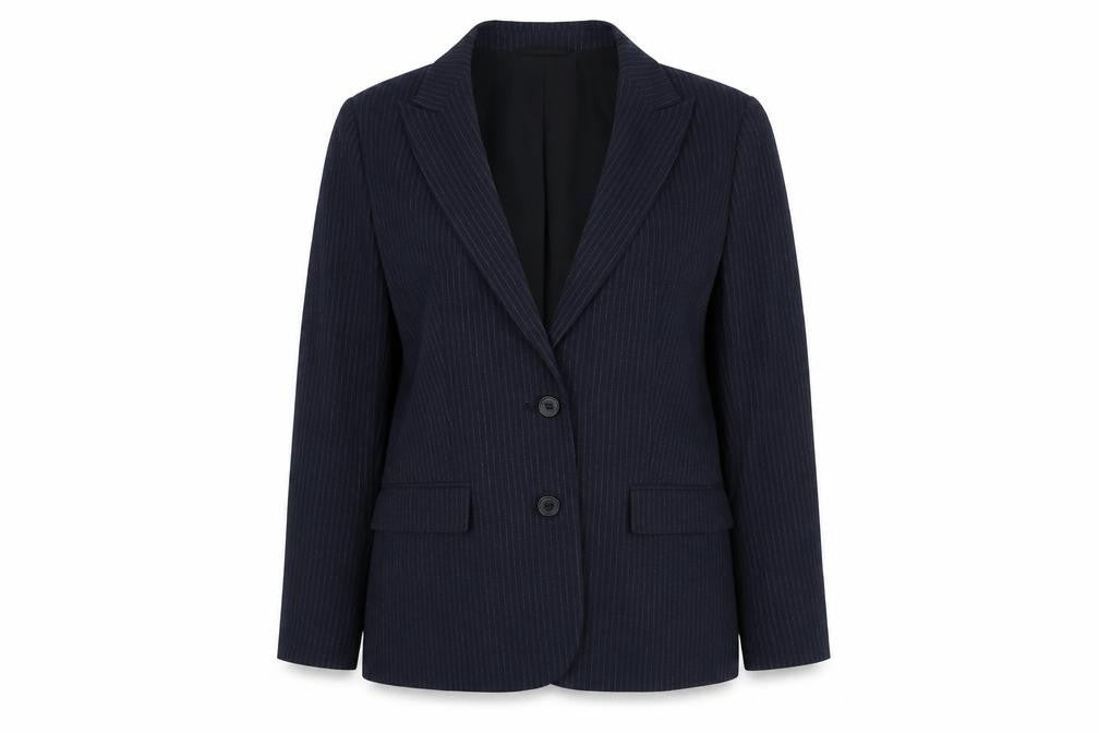 Front view of Marks & Spencer women’s blue pinstripe polyester jacket suit jacket, size UK 12