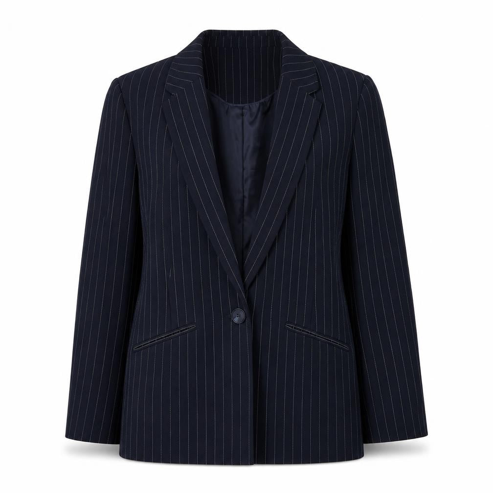 Front view of Oasis women’s blue striped polyester jacket suit jacket, size UK 10