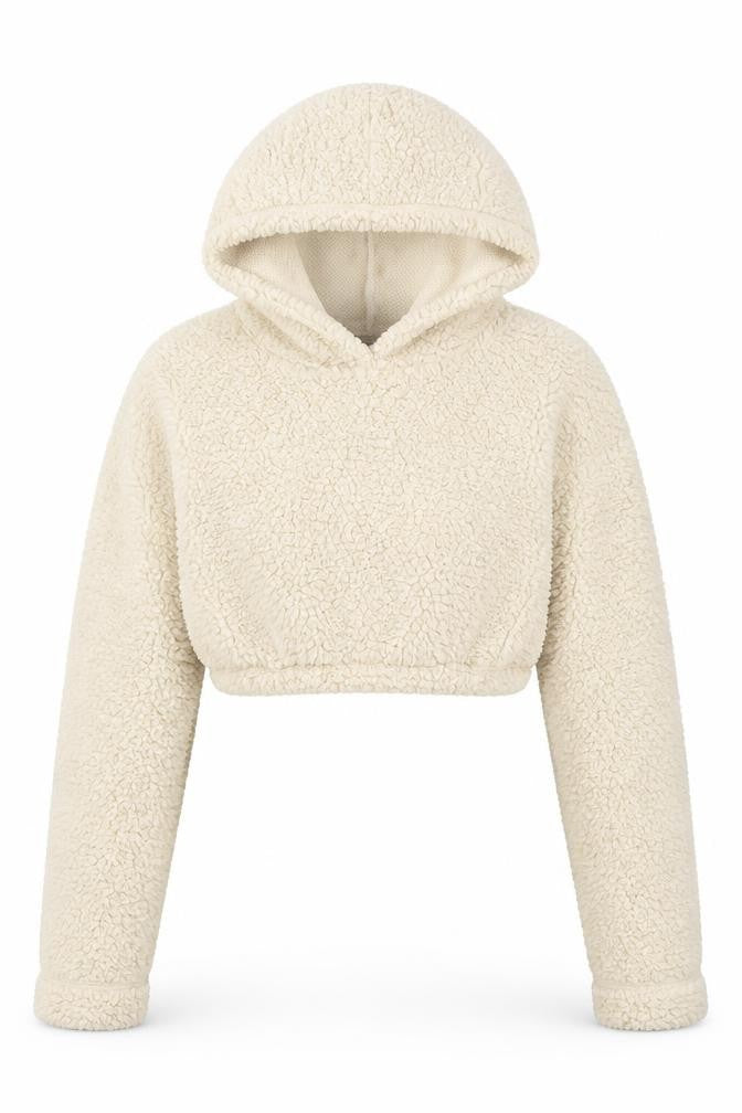 Front view of PRETTYLITTLETHING women’s beige polyester pullover hoodie, size UK 12, pullover