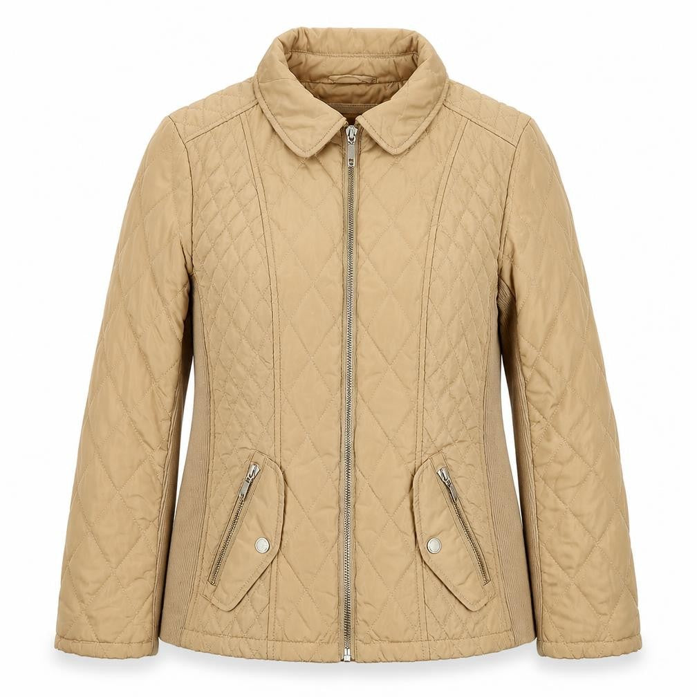 Front view of Marks & Spencer women’s beige quilted jacket, size UK 8, zip