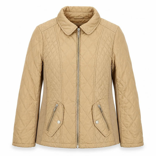 Front view of Marks & Spencer women’s beige quilted jacket, size UK 8, zip
