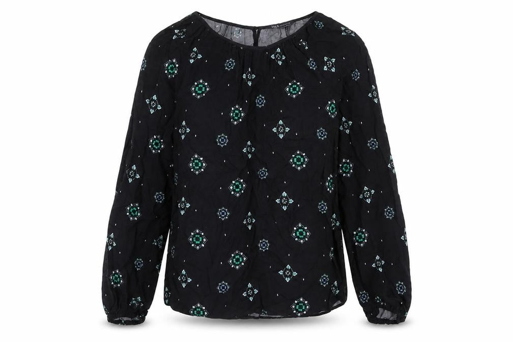 Front view of Marks & Spencer women’s blue geometric viscose basic blouse, size UK 8, round neck