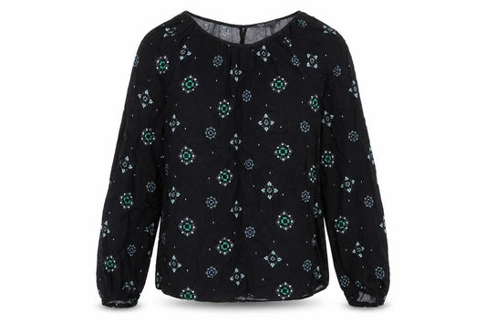 Front view of Marks & Spencer women’s blue geometric viscose basic blouse, size UK 8, round neck