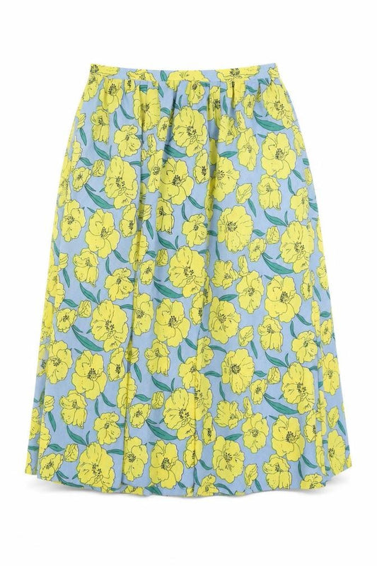 Front view of Louche women’s yellow floral polyester swing skirt, size UK 10, zip
