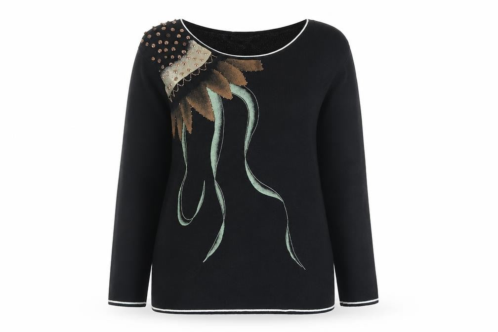Front view of Eternal women’s black round neck viscose jumper, size UK 10