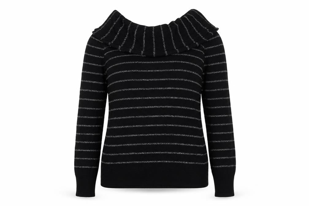 Front view of White House women’s black round neck striped viscose jumper, size M