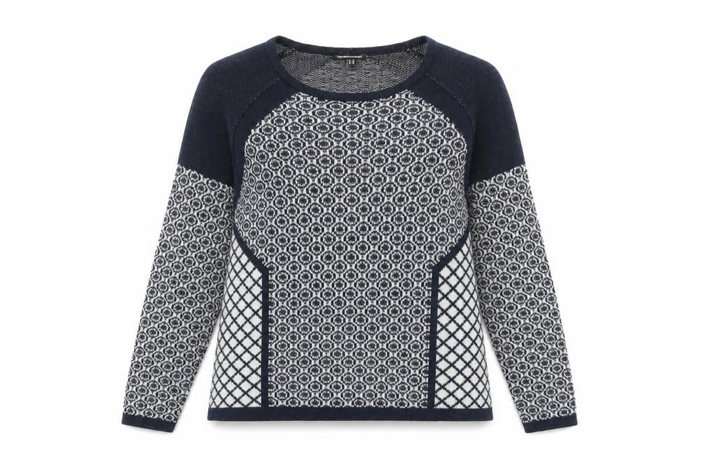Front view of Warehouse women’s blue round neck geometric cotton jumper, size UK 10