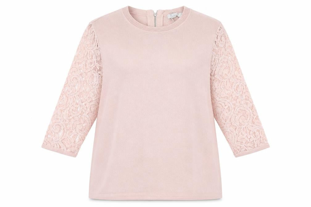 Marks and Spencer Womens Pink Round Neck Viscose Pullover Jumper Size 14 - Lace Sleeve