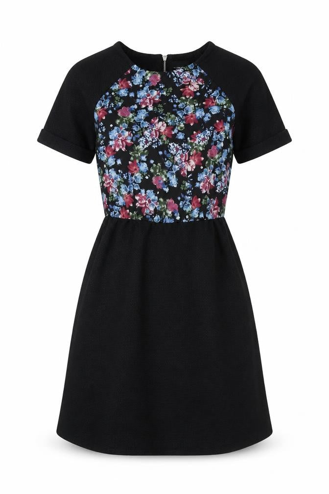 Warehouse Womens Black Floral Polyester Fit & Flare Size 6 Boat Neck Zip